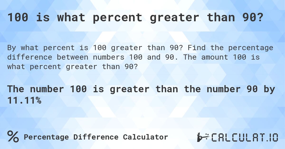 100 is what percent greater than 90?. Find the percentage difference between numbers 100 and 90. The amount 100 is what percent greater than 90?