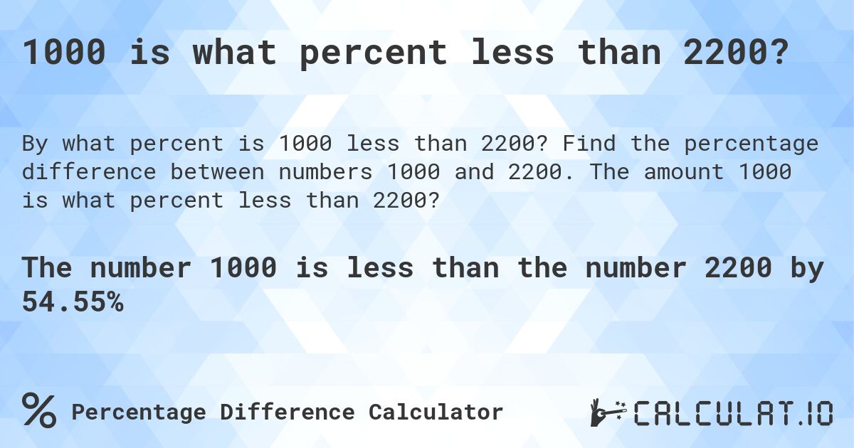 1000 is what percent less than 2200?. Find the percentage difference between numbers 1000 and 2200. The amount 1000 is what percent less than 2200?