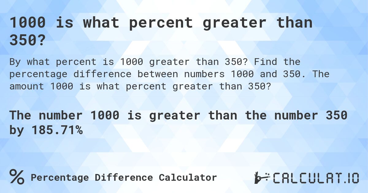 1000 is what percent greater than 350?. Find the percentage difference between numbers 1000 and 350. The amount 1000 is what percent greater than 350?