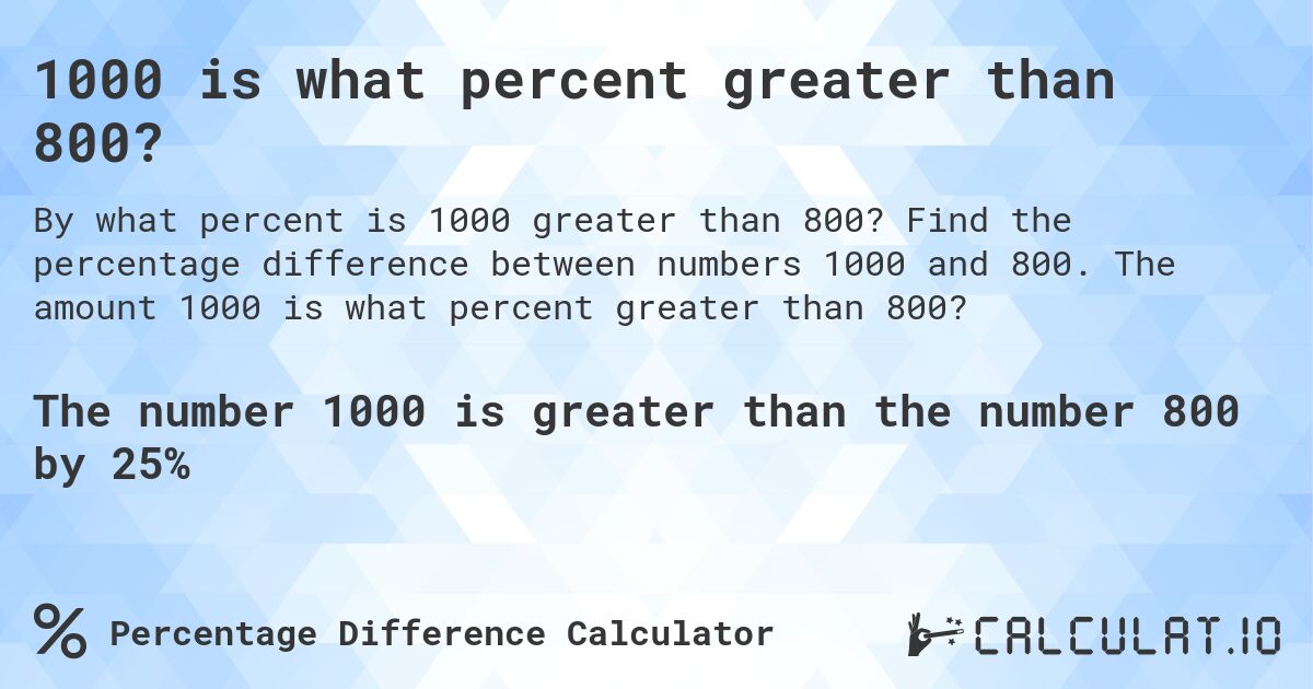 1000 is what percent greater than 800?. Find the percentage difference between numbers 1000 and 800. The amount 1000 is what percent greater than 800?