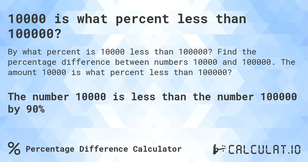 10000 is what percent less than 100000?. Find the percentage difference between numbers 10000 and 100000. The amount 10000 is what percent less than 100000?