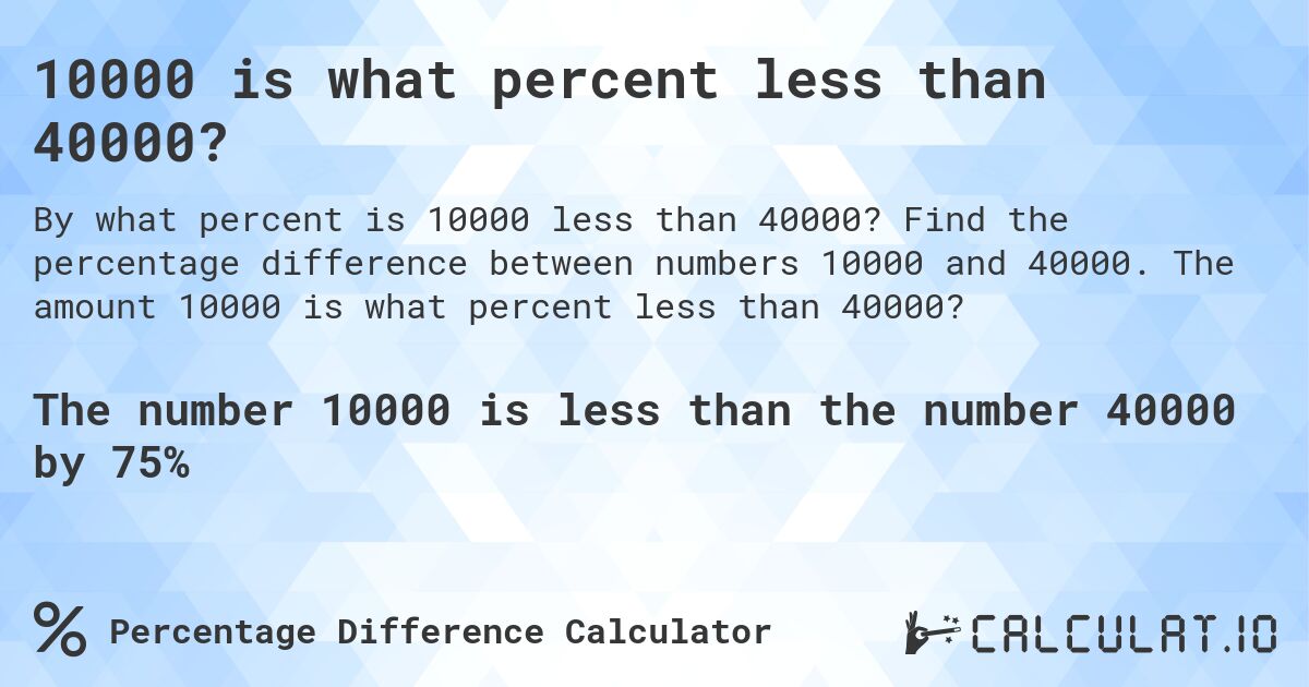 10000 is what percent less than 40000?. Find the percentage difference between numbers 10000 and 40000. The amount 10000 is what percent less than 40000?