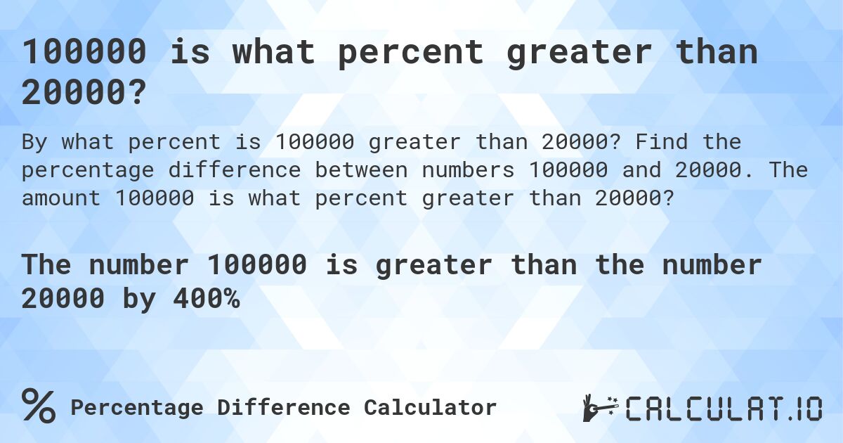 100000 is what percent greater than 20000?. Find the percentage difference between numbers 100000 and 20000. The amount 100000 is what percent greater than 20000?