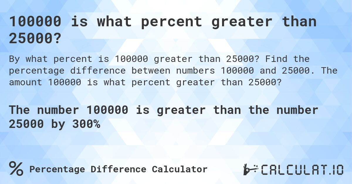 100000 is what percent greater than 25000?. Find the percentage difference between numbers 100000 and 25000. The amount 100000 is what percent greater than 25000?