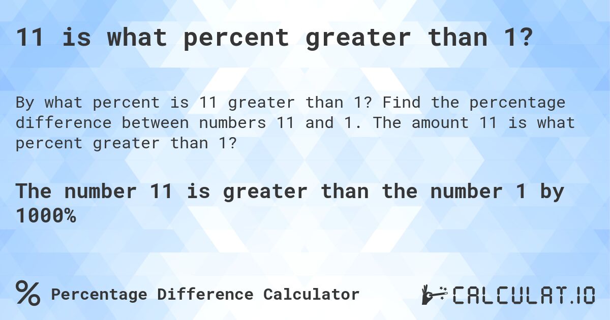 11 is what percent greater than 1?. Find the percentage difference between numbers 11 and 1. The amount 11 is what percent greater than 1?