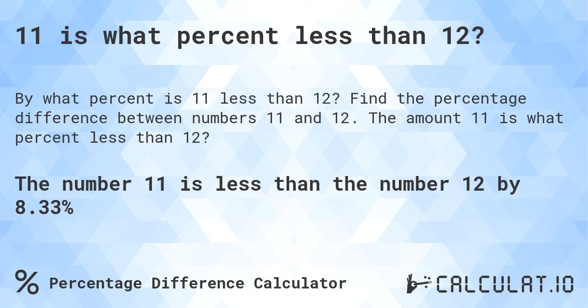 11 is what percent less than 12?. Find the percentage difference between numbers 11 and 12. The amount 11 is what percent less than 12?