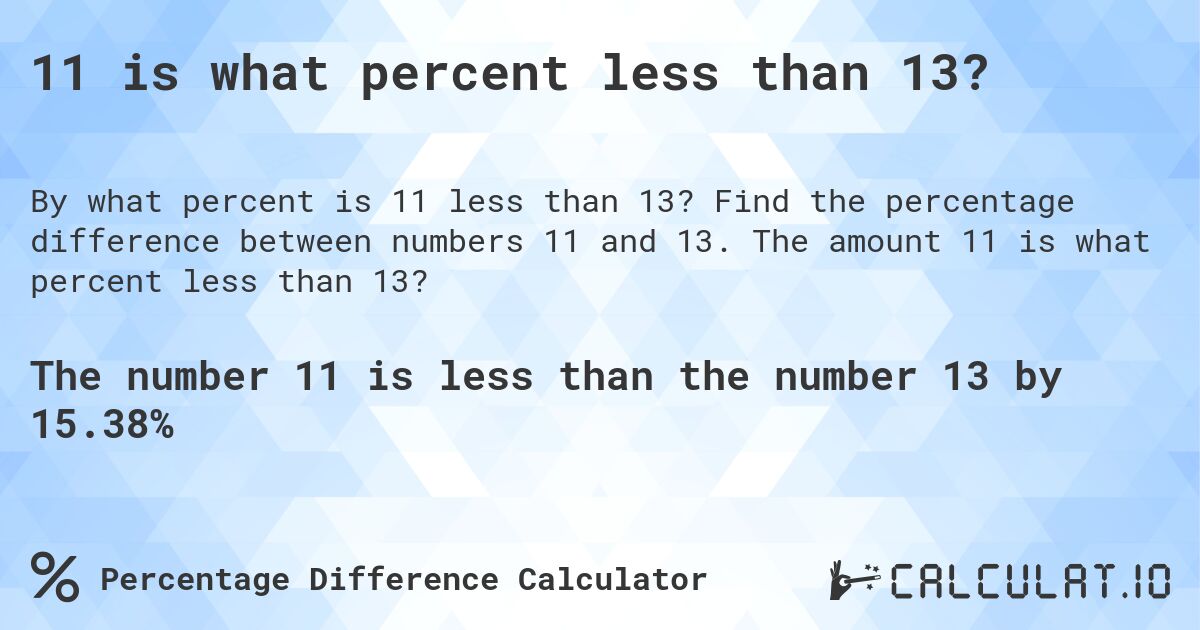 11 is what percent less than 13?. Find the percentage difference between numbers 11 and 13. The amount 11 is what percent less than 13?