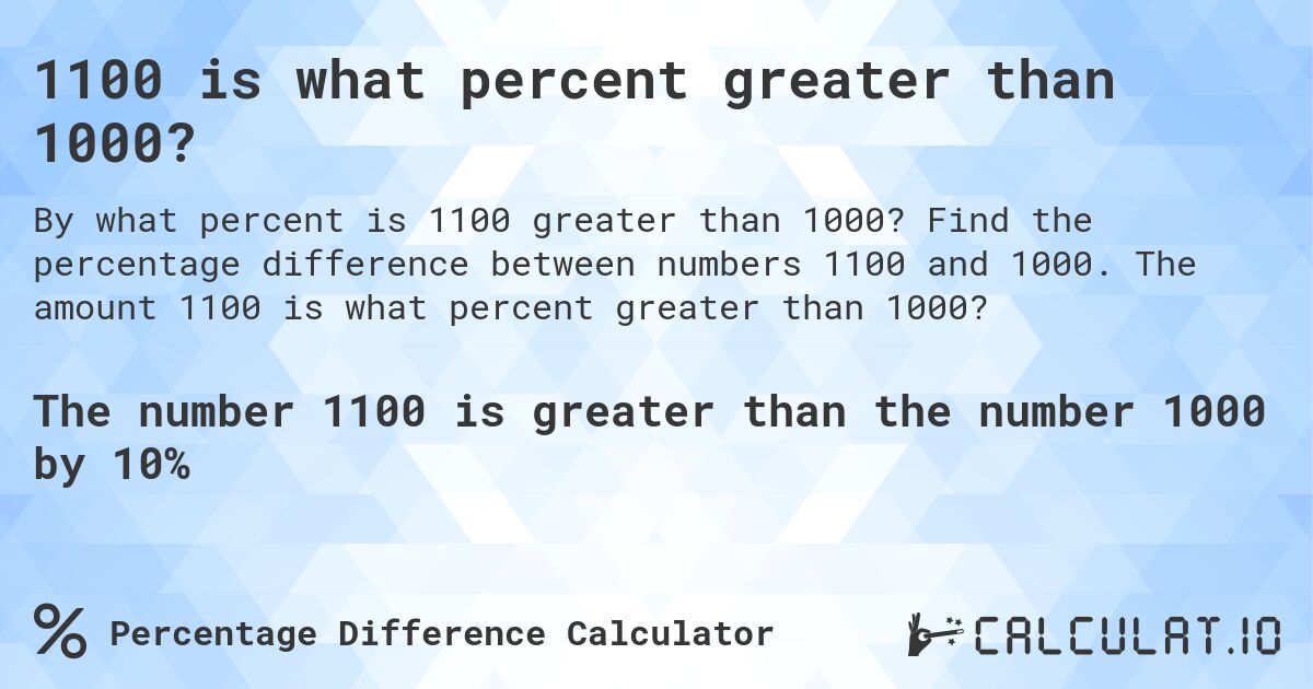 1100 is what percent greater than 1000?. Find the percentage difference between numbers 1100 and 1000. The amount 1100 is what percent greater than 1000?