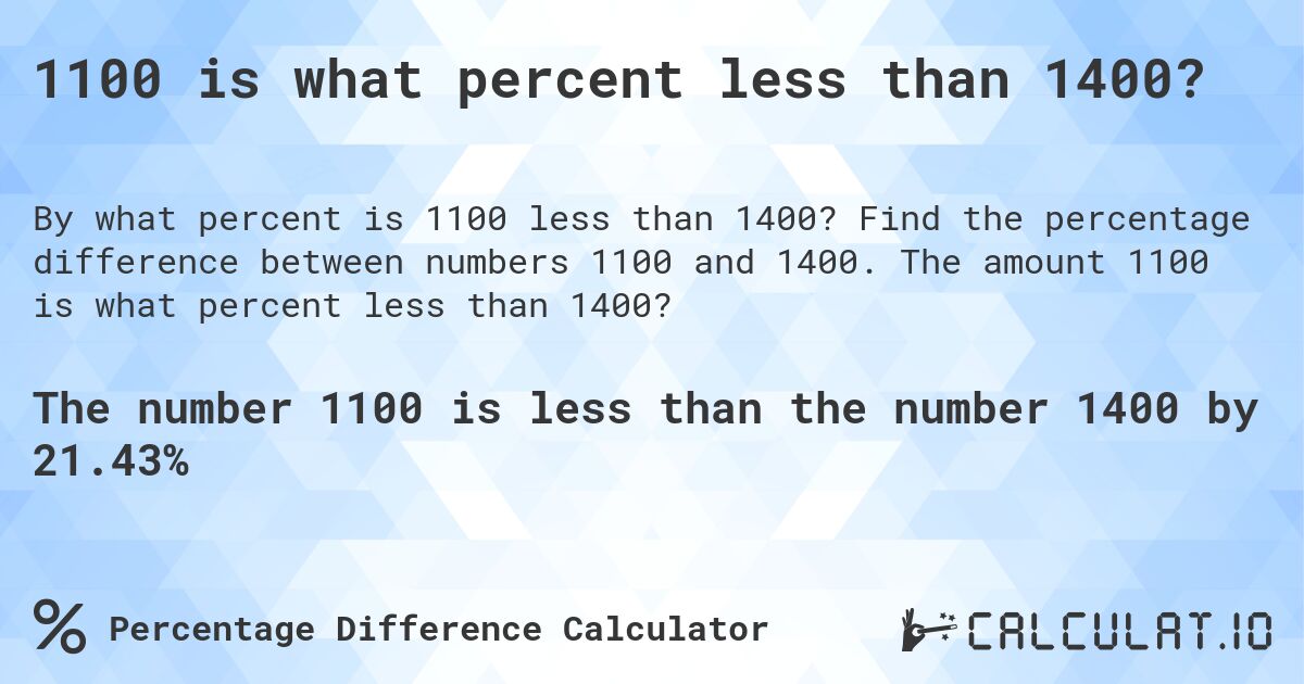 1100 is what percent less than 1400?. Find the percentage difference between numbers 1100 and 1400. The amount 1100 is what percent less than 1400?