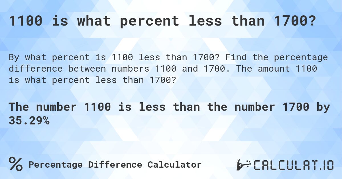 1100 is what percent less than 1700?. Find the percentage difference between numbers 1100 and 1700. The amount 1100 is what percent less than 1700?