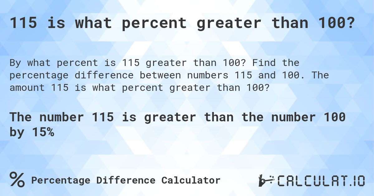 115 is what percent greater than 100?. Find the percentage difference between numbers 115 and 100. The amount 115 is what percent greater than 100?