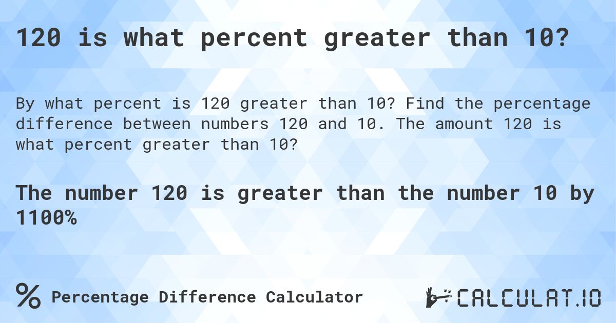 120 is what percent greater than 10?. Find the percentage difference between numbers 120 and 10. The amount 120 is what percent greater than 10?