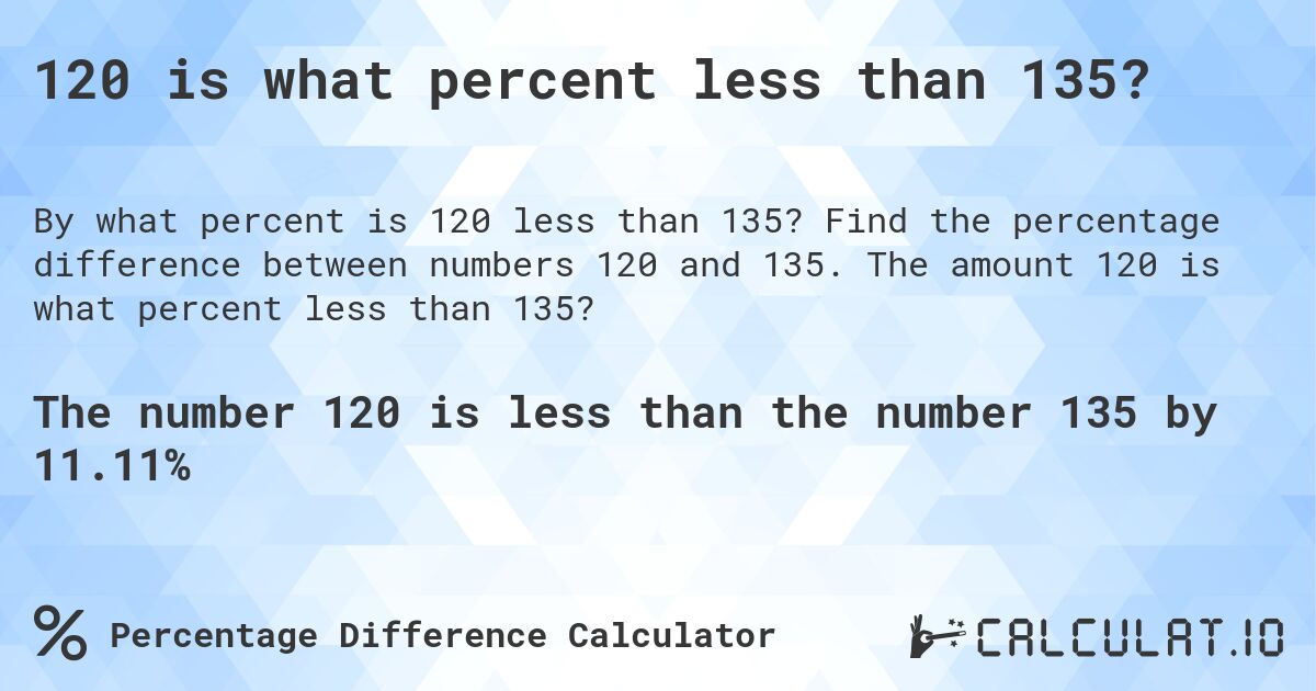 120 is what percent less than 135?. Find the percentage difference between numbers 120 and 135. The amount 120 is what percent less than 135?