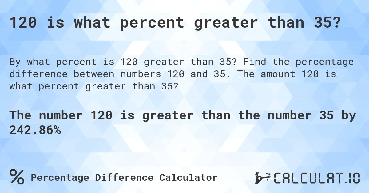 120 is what percent greater than 35?. Find the percentage difference between numbers 120 and 35. The amount 120 is what percent greater than 35?