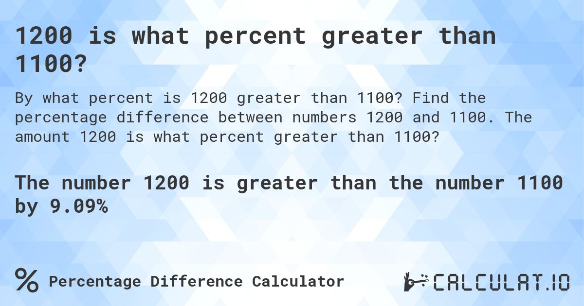 1200 is what percent greater than 1100?. Find the percentage difference between numbers 1200 and 1100. The amount 1200 is what percent greater than 1100?