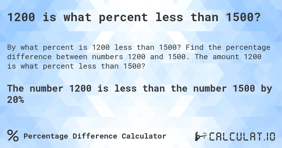 1200 is what percent less than 1500?. Find the percentage difference between numbers 1200 and 1500. The amount 1200 is what percent less than 1500?