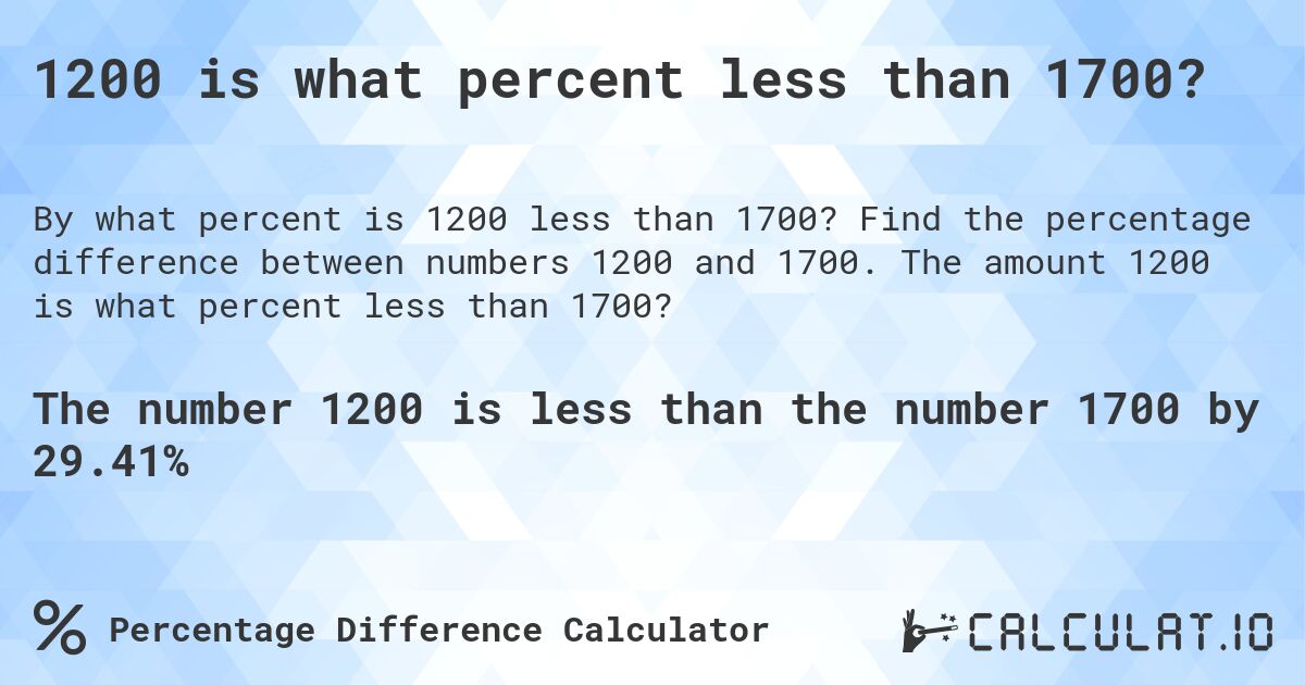 1200 is what percent less than 1700?. Find the percentage difference between numbers 1200 and 1700. The amount 1200 is what percent less than 1700?