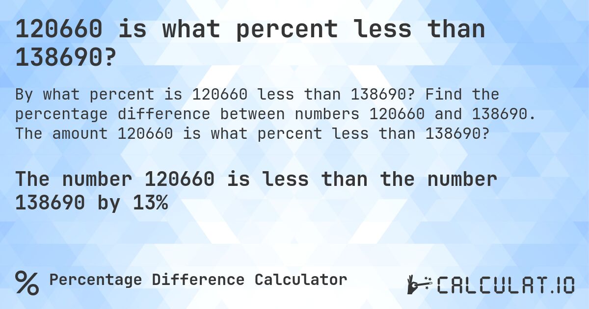 120660 is what percent less than 138690?. Find the percentage difference between numbers 120660 and 138690. The amount 120660 is what percent less than 138690?