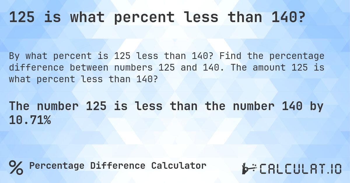 125 is what percent less than 140?. Find the percentage difference between numbers 125 and 140. The amount 125 is what percent less than 140?