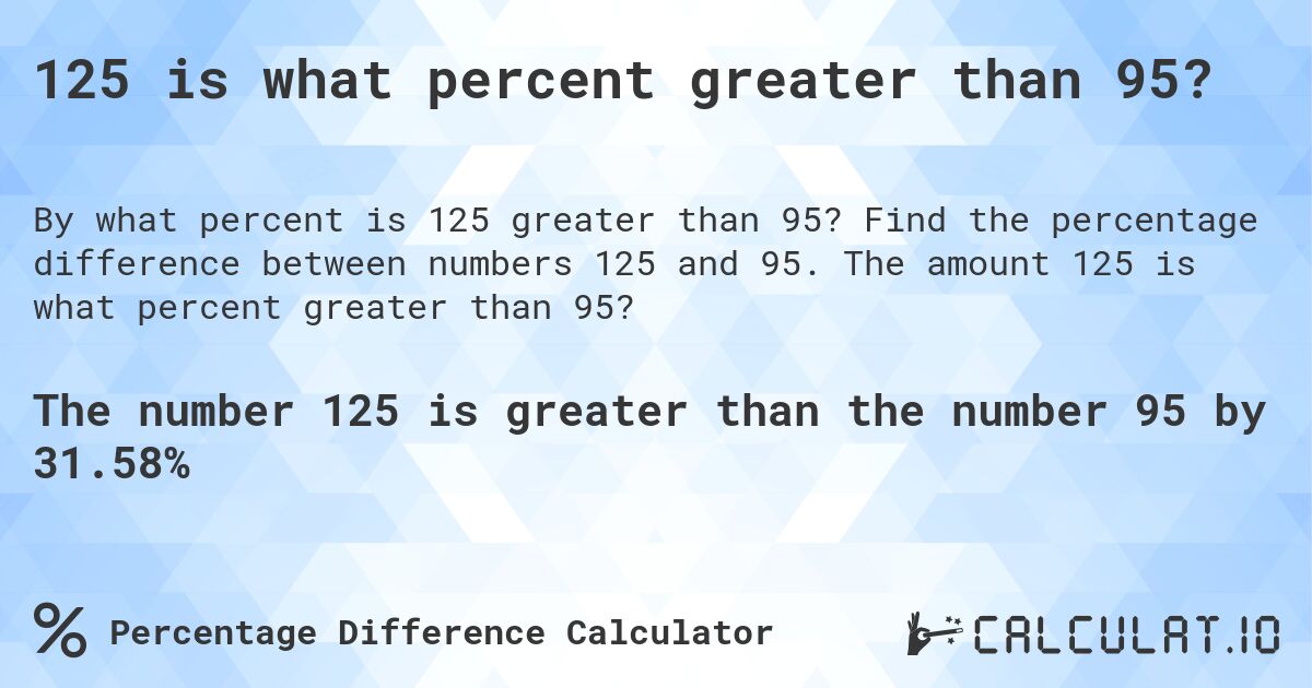 125 is what percent greater than 95?. Find the percentage difference between numbers 125 and 95. The amount 125 is what percent greater than 95?