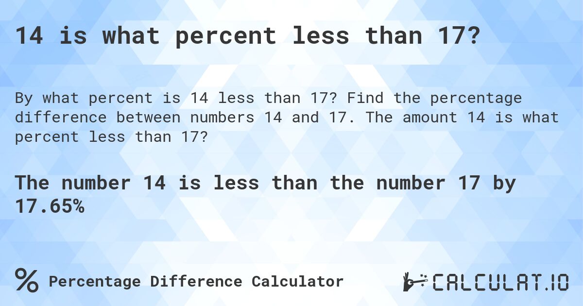 14 is what percent less than 17?. Find the percentage difference between numbers 14 and 17. The amount 14 is what percent less than 17?