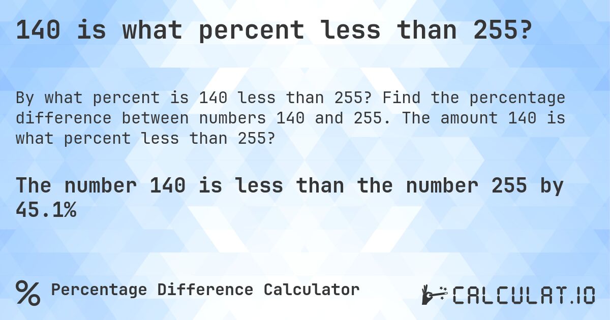 140 is what percent less than 255?. Find the percentage difference between numbers 140 and 255. The amount 140 is what percent less than 255?