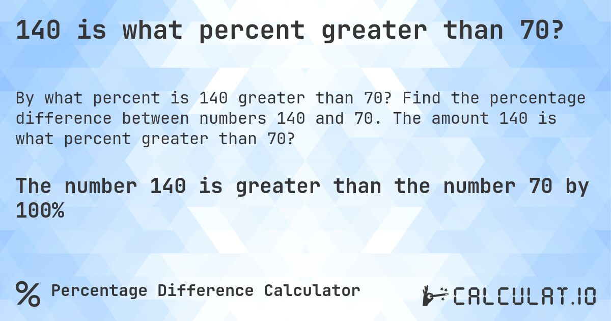 140 is what percent greater than 70?. Find the percentage difference between numbers 140 and 70. The amount 140 is what percent greater than 70?