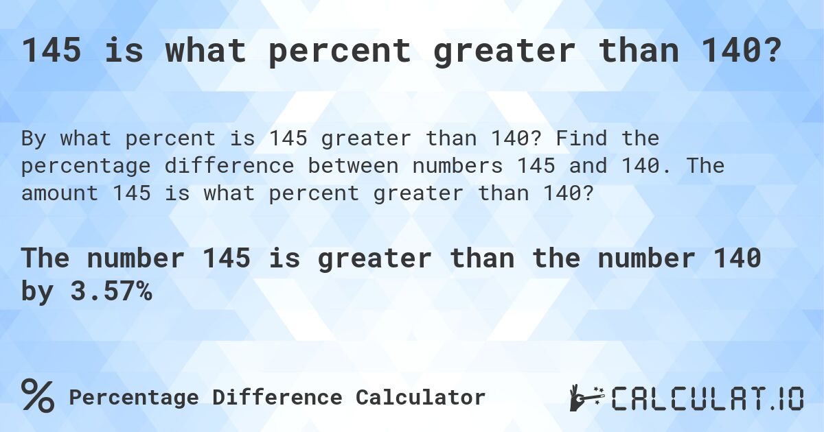 145 is what percent greater than 140?. Find the percentage difference between numbers 145 and 140. The amount 145 is what percent greater than 140?
