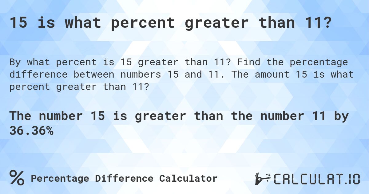 15 is what percent greater than 11?. Find the percentage difference between numbers 15 and 11. The amount 15 is what percent greater than 11?