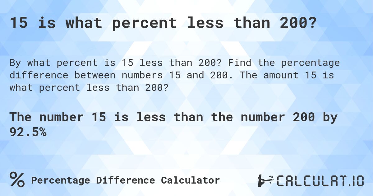 15 is what percent less than 200?. Find the percentage difference between numbers 15 and 200. The amount 15 is what percent less than 200?