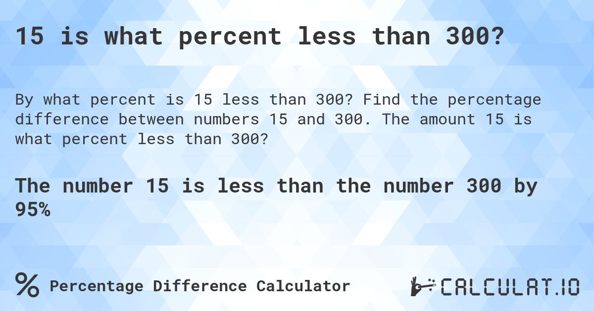 15 is what percent less than 300?. Find the percentage difference between numbers 15 and 300. The amount 15 is what percent less than 300?