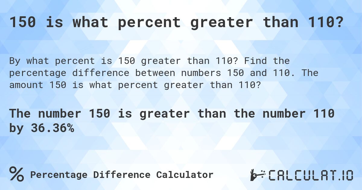 150 is what percent greater than 110?. Find the percentage difference between numbers 150 and 110. The amount 150 is what percent greater than 110?