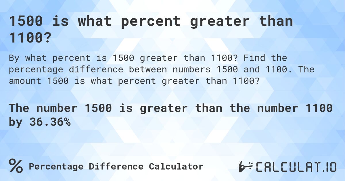 1500 is what percent greater than 1100?. Find the percentage difference between numbers 1500 and 1100. The amount 1500 is what percent greater than 1100?
