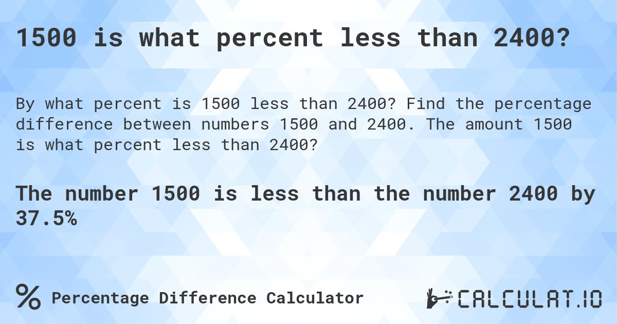 1500 is what percent less than 2400?. Find the percentage difference between numbers 1500 and 2400. The amount 1500 is what percent less than 2400?