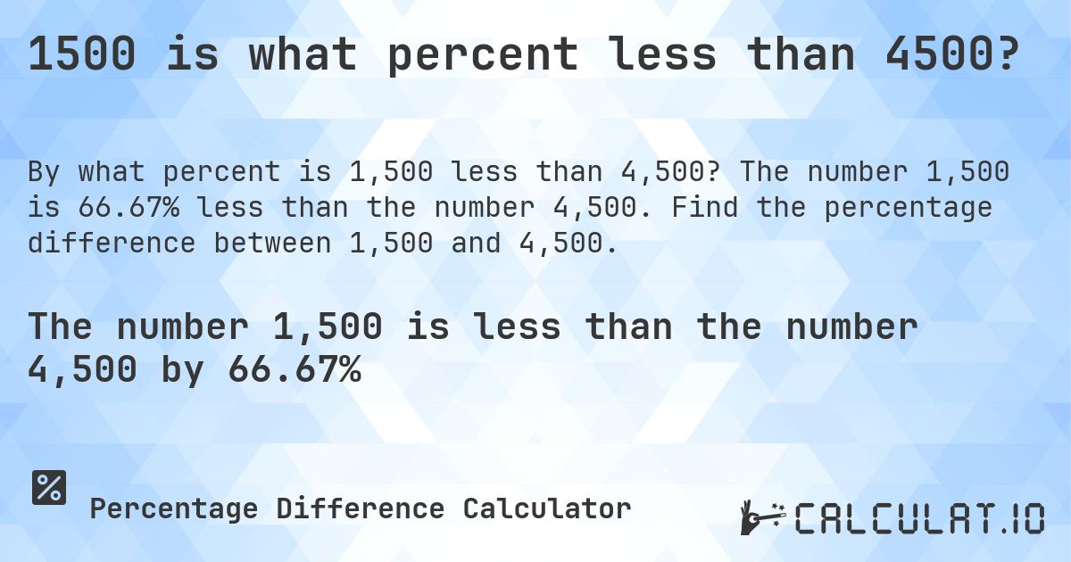 1500 is what percent less than 4500?. The number 1,500 is 66.67% less than the number 4,500. Find the percentage difference between 1,500 and 4,500.