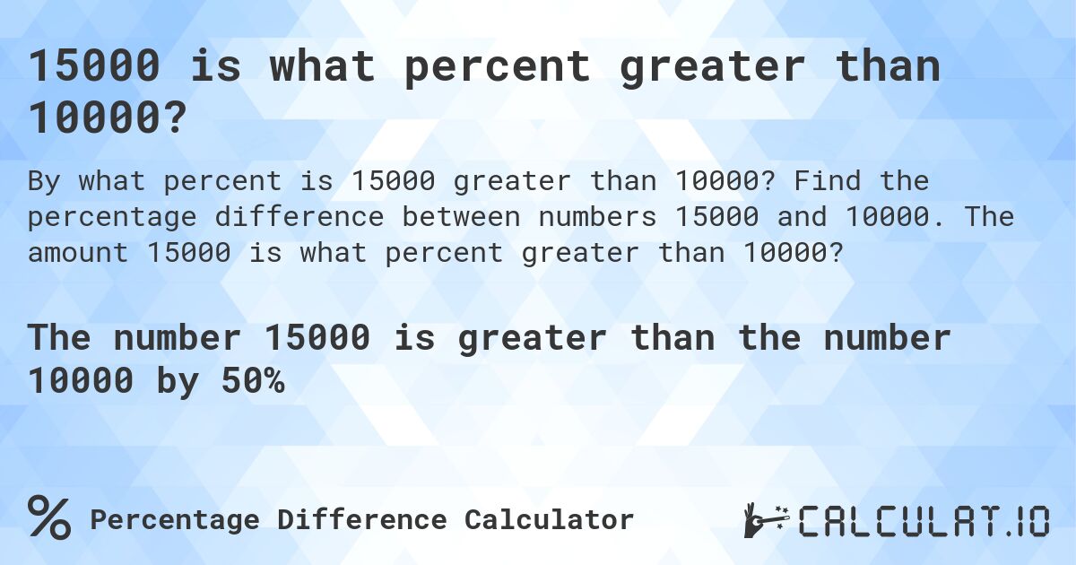 15000 is what percent greater than 10000?. Find the percentage difference between numbers 15000 and 10000. The amount 15000 is what percent greater than 10000?