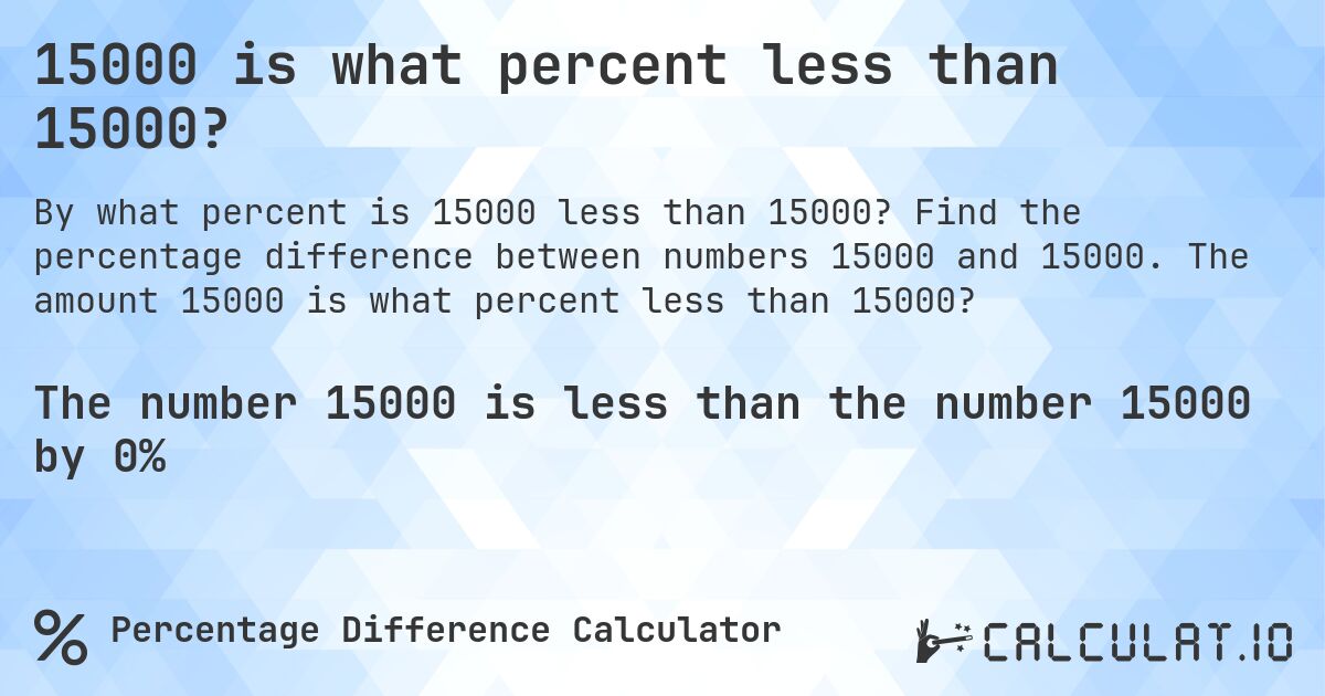 15000 is what percent less than 15000?. Find the percentage difference between numbers 15000 and 15000. The amount 15000 is what percent less than 15000?