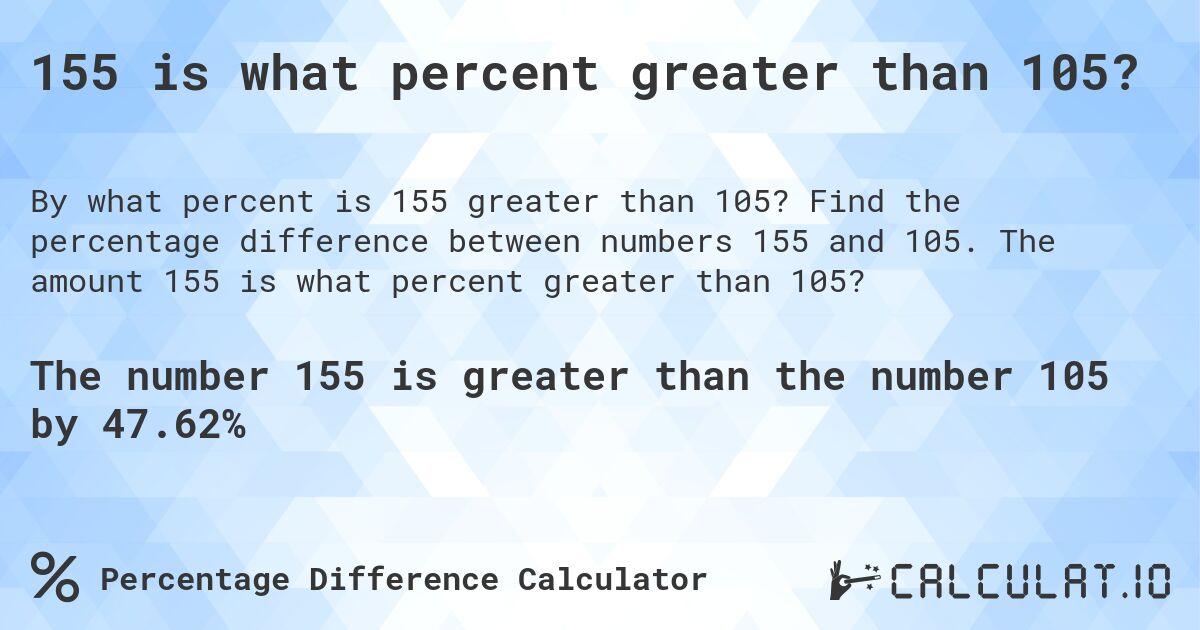 155 is what percent greater than 105?. Find the percentage difference between numbers 155 and 105. The amount 155 is what percent greater than 105?