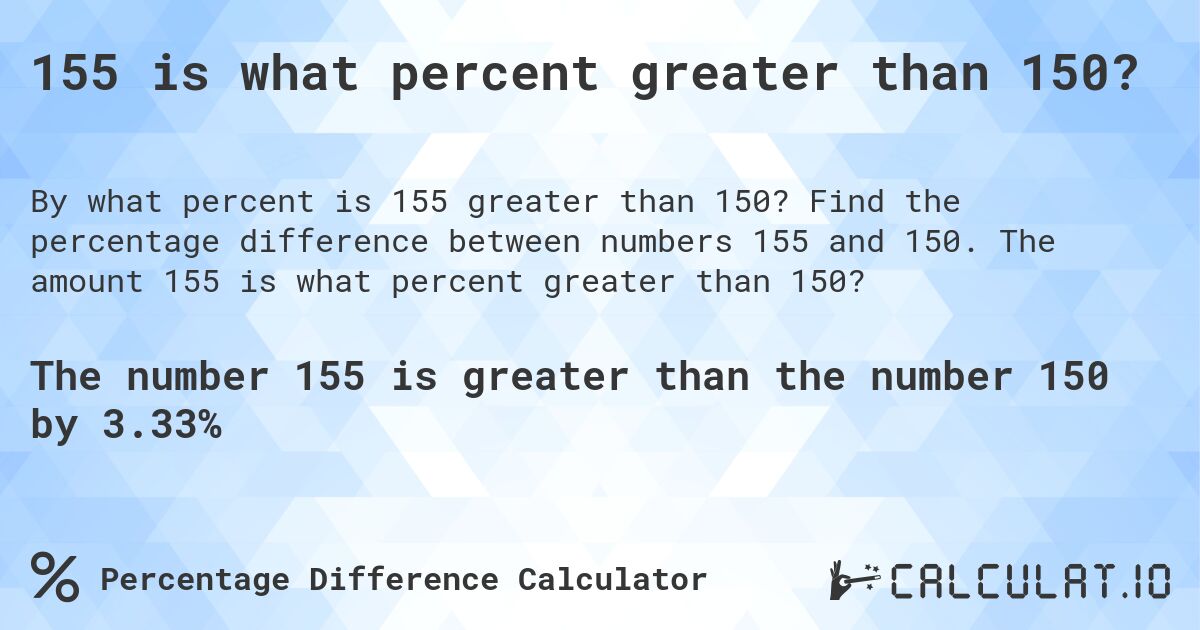 155 is what percent greater than 150?. Find the percentage difference between numbers 155 and 150. The amount 155 is what percent greater than 150?