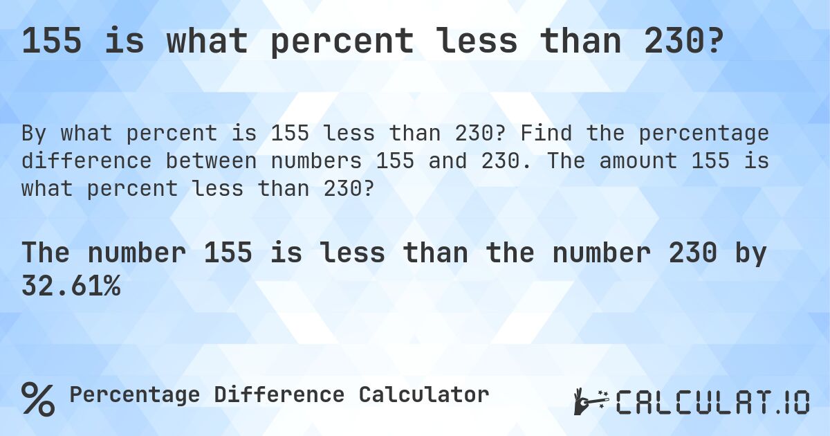 155 is what percent less than 230?. Find the percentage difference between numbers 155 and 230. The amount 155 is what percent less than 230?