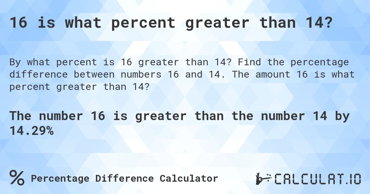 16 is what percent greater than 14?. Find the percentage difference between numbers 16 and 14. The amount 16 is what percent greater than 14?