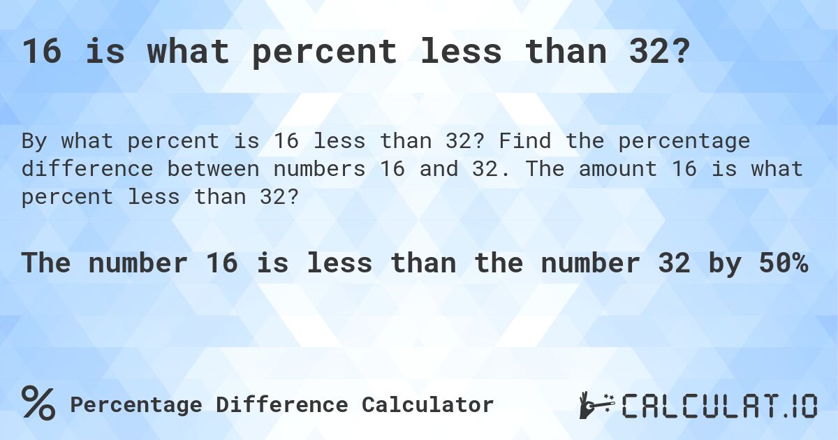 16 is what percent less than 32?. Find the percentage difference between numbers 16 and 32. The amount 16 is what percent less than 32?