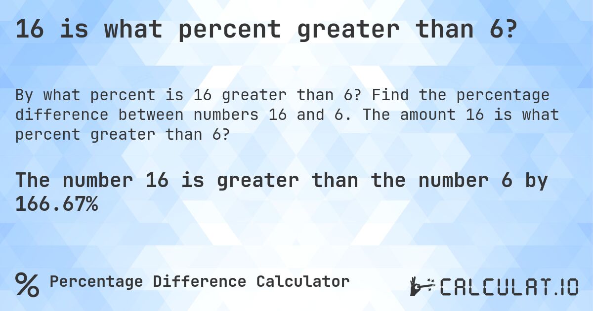 16 is what percent greater than 6?. Find the percentage difference between numbers 16 and 6. The amount 16 is what percent greater than 6?