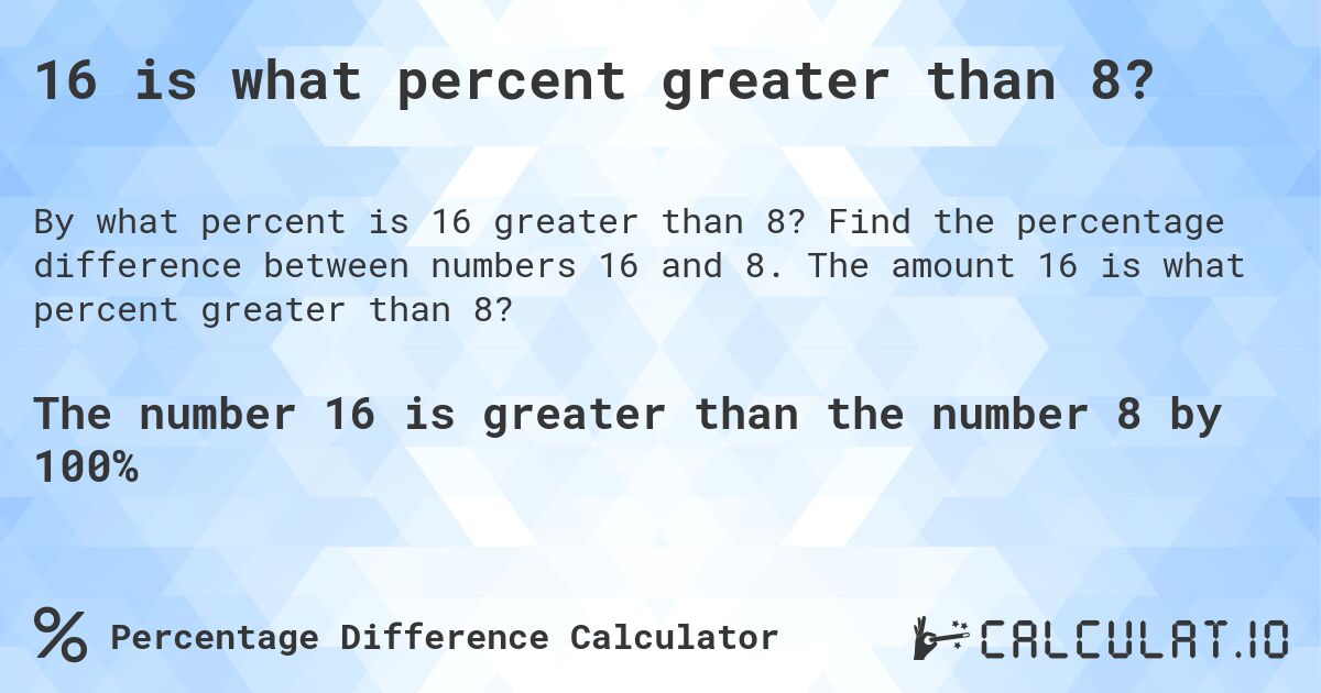 16 is what percent greater than 8?. Find the percentage difference between numbers 16 and 8. The amount 16 is what percent greater than 8?