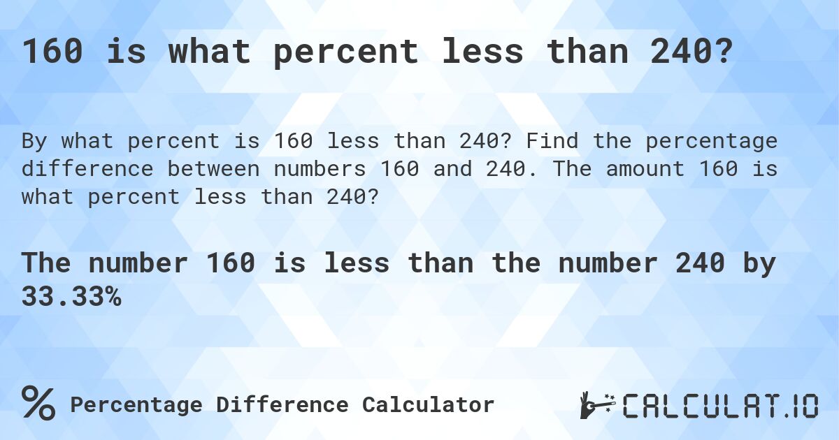 160 is what percent less than 240?. Find the percentage difference between numbers 160 and 240. The amount 160 is what percent less than 240?