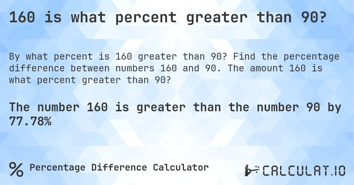 160 is what percent greater than 90?. Find the percentage difference between numbers 160 and 90. The amount 160 is what percent greater than 90?
