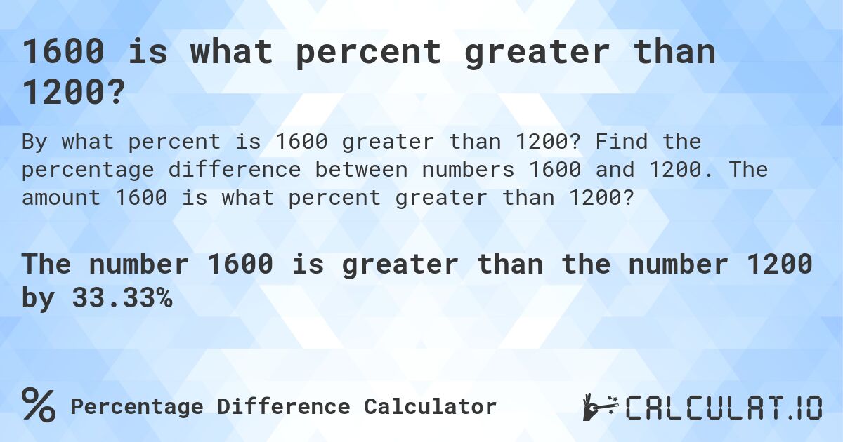 1600 is what percent greater than 1200?. Find the percentage difference between numbers 1600 and 1200. The amount 1600 is what percent greater than 1200?