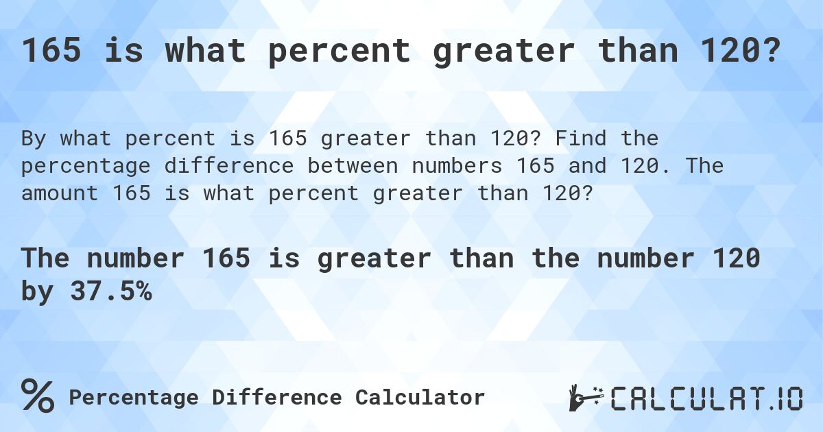 165 is what percent greater than 120?. Find the percentage difference between numbers 165 and 120. The amount 165 is what percent greater than 120?