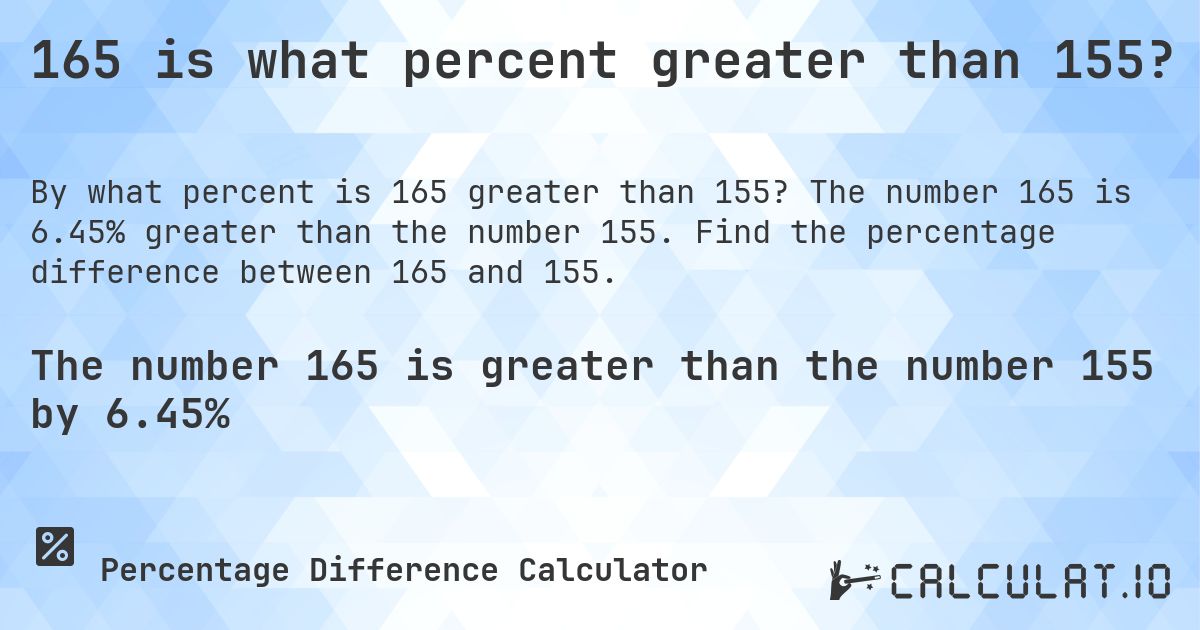 165 is what percent greater than 155?. The number 165 is 6.45% greater than the number 155. Find the percentage difference between 165 and 155.