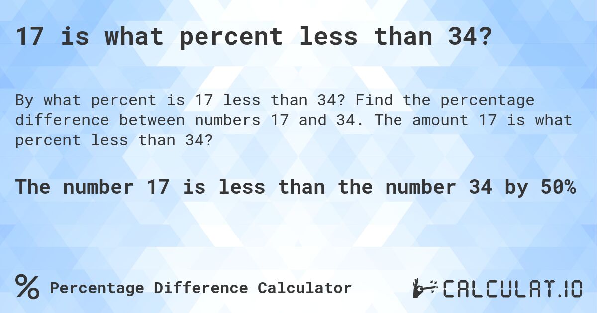 17 is what percent less than 34?. Find the percentage difference between numbers 17 and 34. The amount 17 is what percent less than 34?